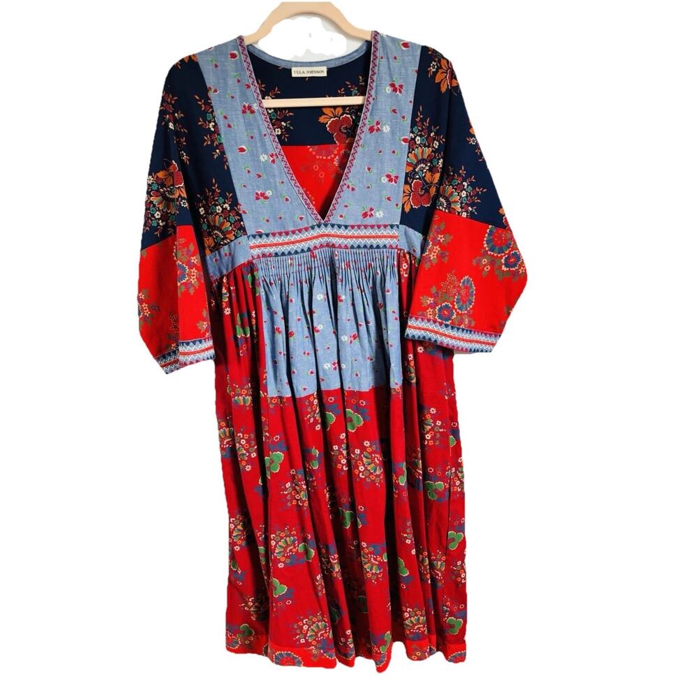Ulla Johnson Milena Dress Patchwork Cotton/Linen V-neck Midi Size 2 - Picture 4 of 10